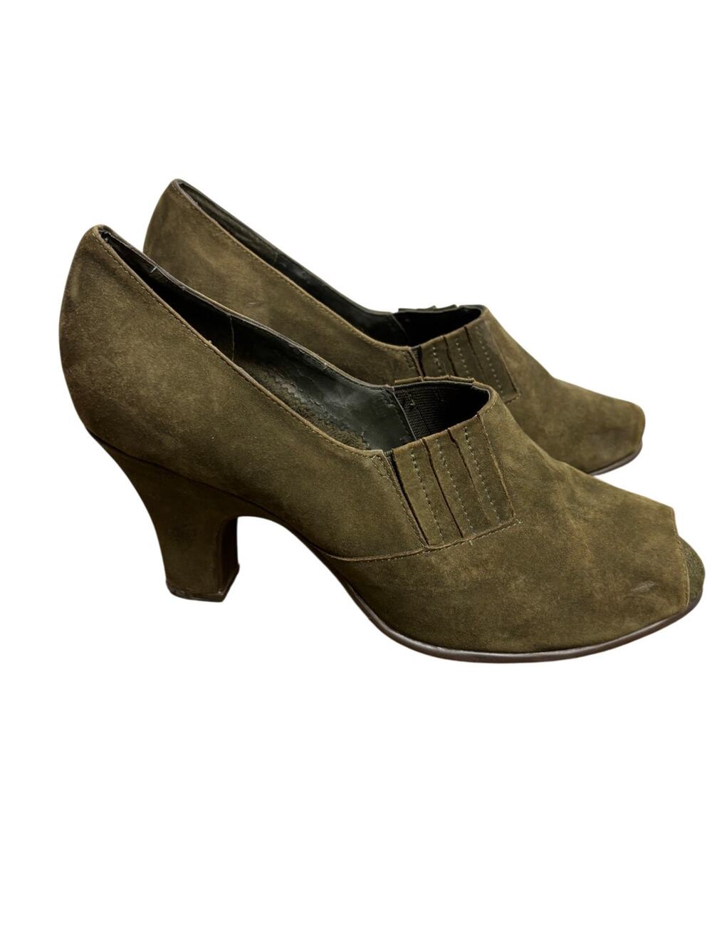 Aerosoles Peep Toe Suede Heels Women's Size 8 Olive Green Slip On Shoes
